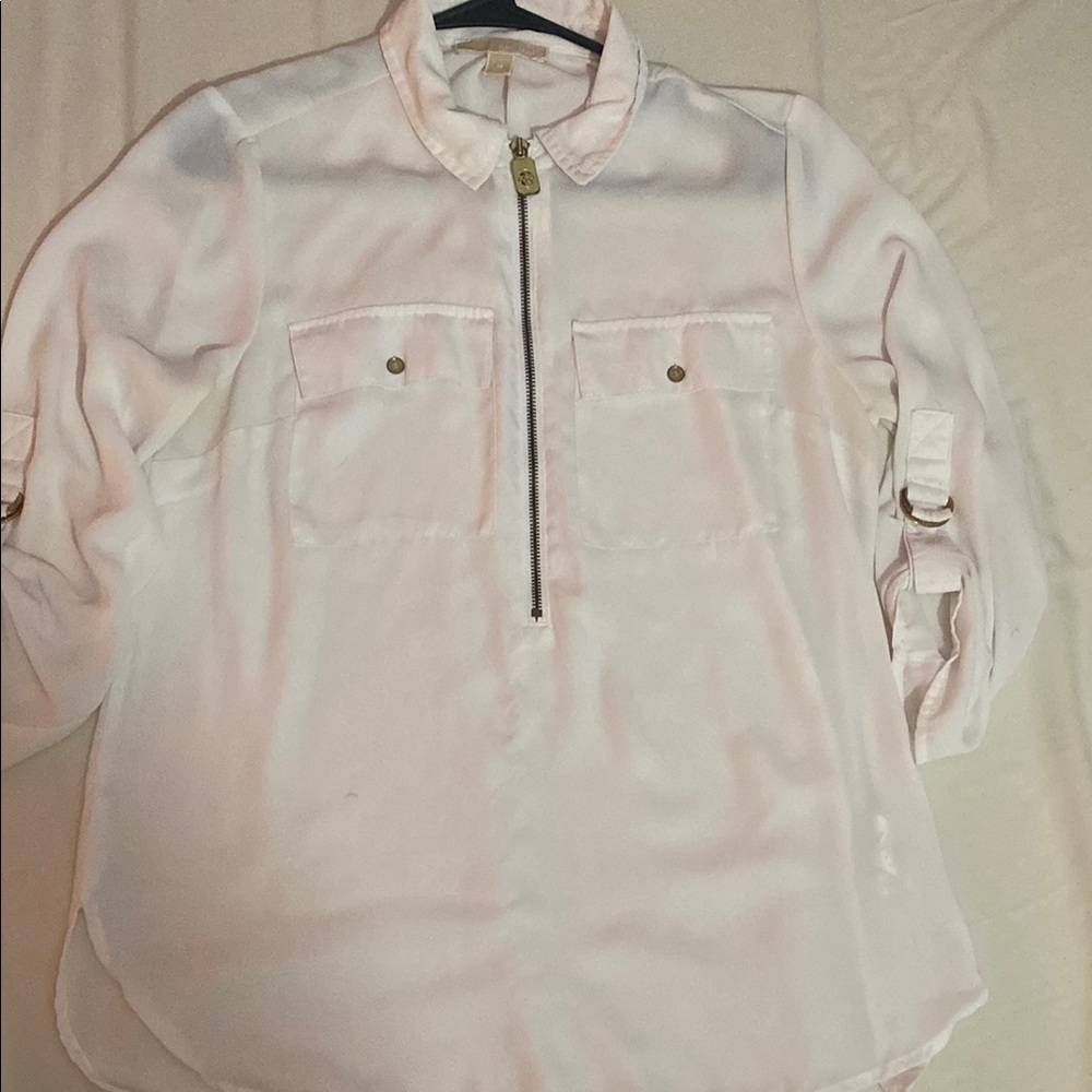 White Long Sleeve Blouse with Zipper